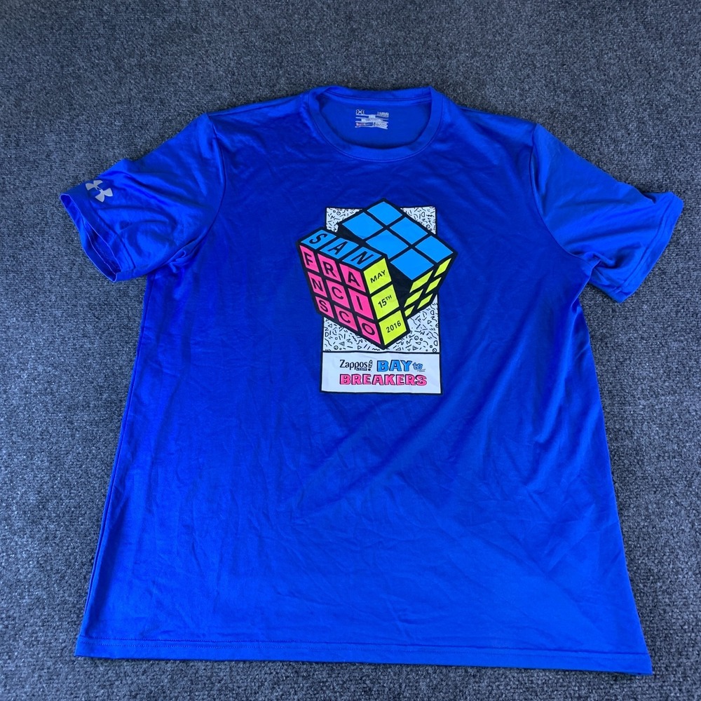 Under Armour Heatgear T-Shirt Men Large Blue Atomic Cube Bay To Breakers Graphic